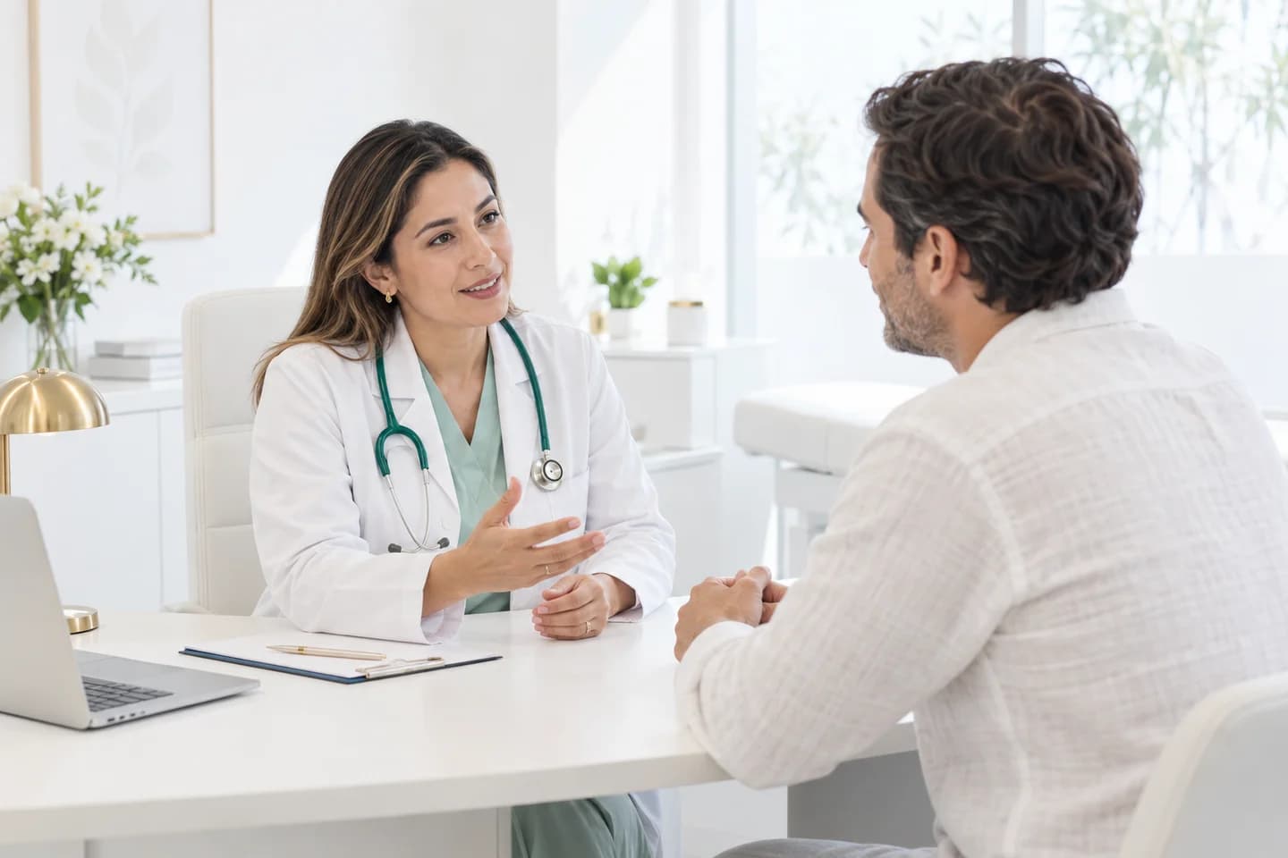 Profesional de salud atiende a un paciente en un consultorio luminoso, blanco, con detalles verdes y dorados